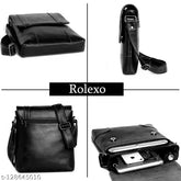 Synthetic leather men's shoulder crossbody slingbag by ROLEXO, compact design with 2 compartments for work or casual outings, solid black color